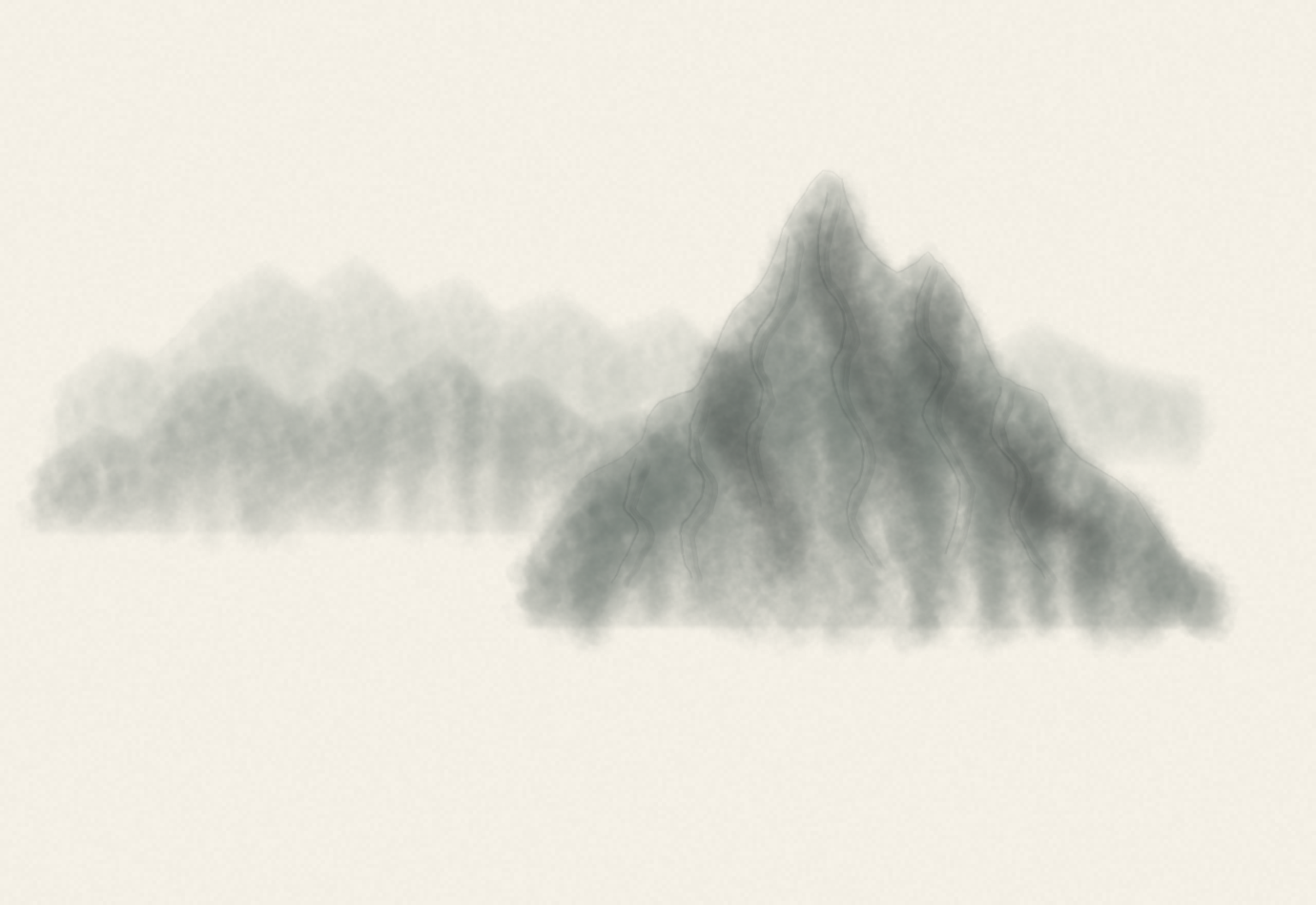 Actual Aquarell canvas preview after the mountain-contour stage: pale distant ridges and a main peak on warm white paper, with long structural lines down the peak but no added rock texture or foreground pine yet