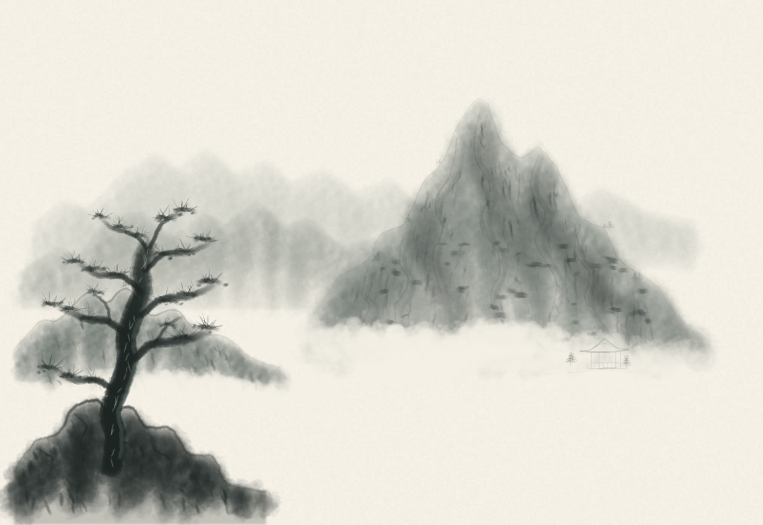 Actual Aquarell canvas preview after the pine-needle stage: dark foreground rocks and an old pine at lower left, a small pavilion beneath the right-hand mountain, and open water with no boat or upper-right inscription yet