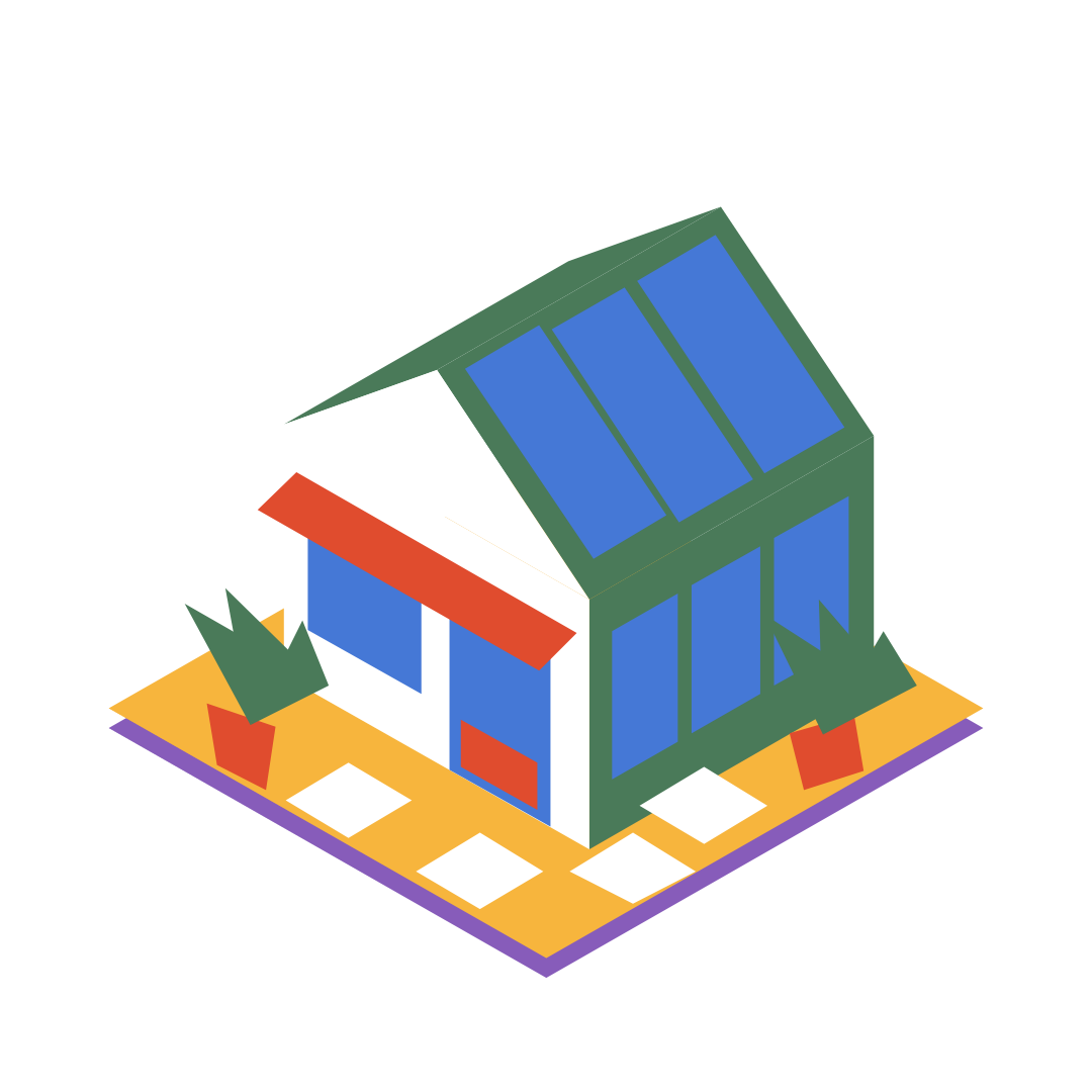 VectorPaint 原生导出的温室咖啡馆：紫色地基与琥珀地坪，白墙、绿色屋顶和侧墙、三块蓝色屋顶玻璃、陶红棚与花盆，六片三角绿叶和四块白色铺石