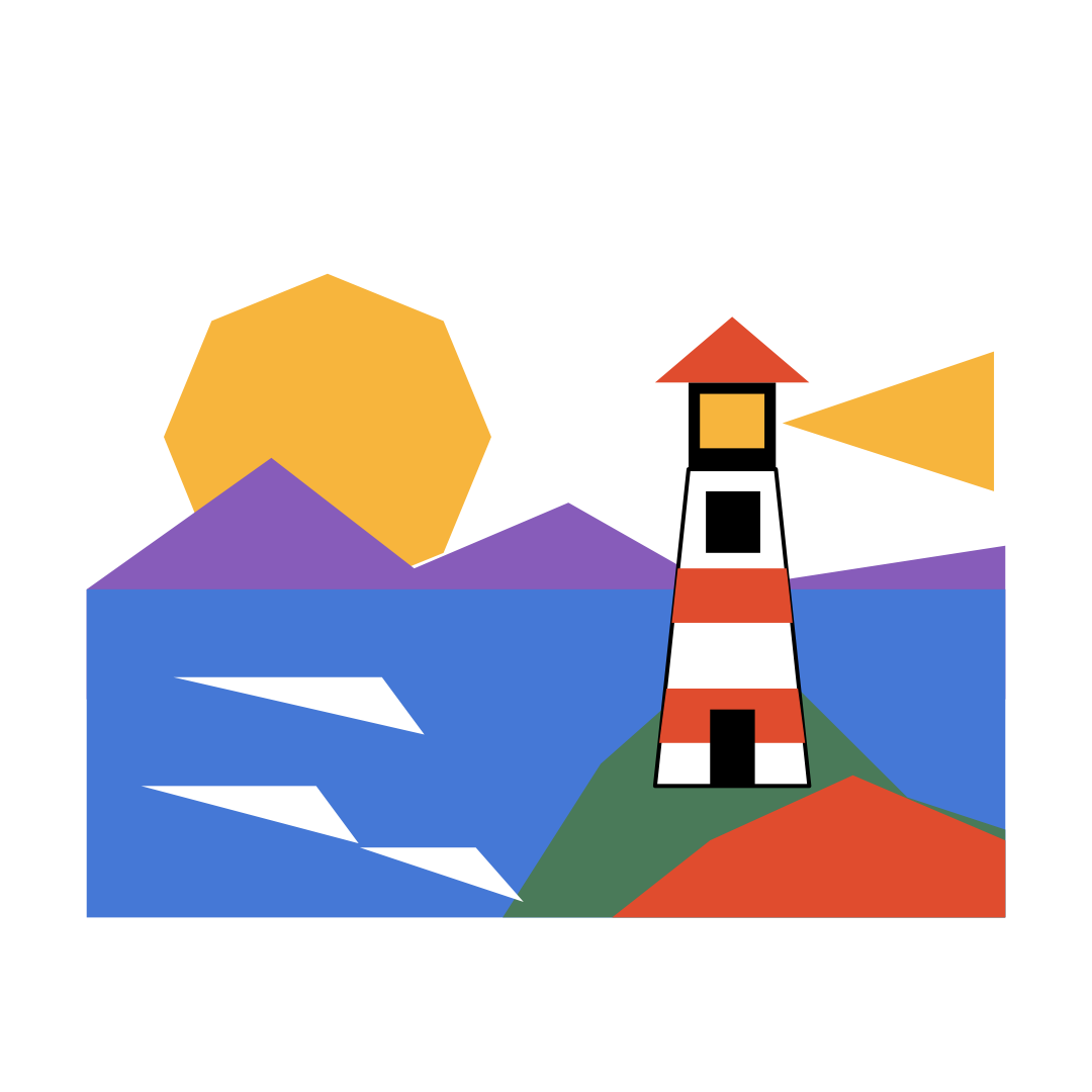 VectorPaint 原生导出的海岬灯塔：暖色太阳、紫色远山、蓝色海面、绿色海岬与红白相间的灯塔，海面留三段白色波光，灯室向右伸出三角光束