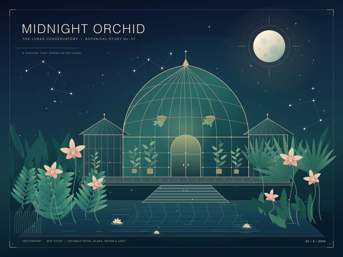 Native VectorPaint export of Midnight Orchid: a finely framed gold-and-glass conservatory beside water in a deep blue-green night, with six pale pink orchids and large green leaves on both sides, a full moon and stars above, and broken reflections and water lilies in the foreground